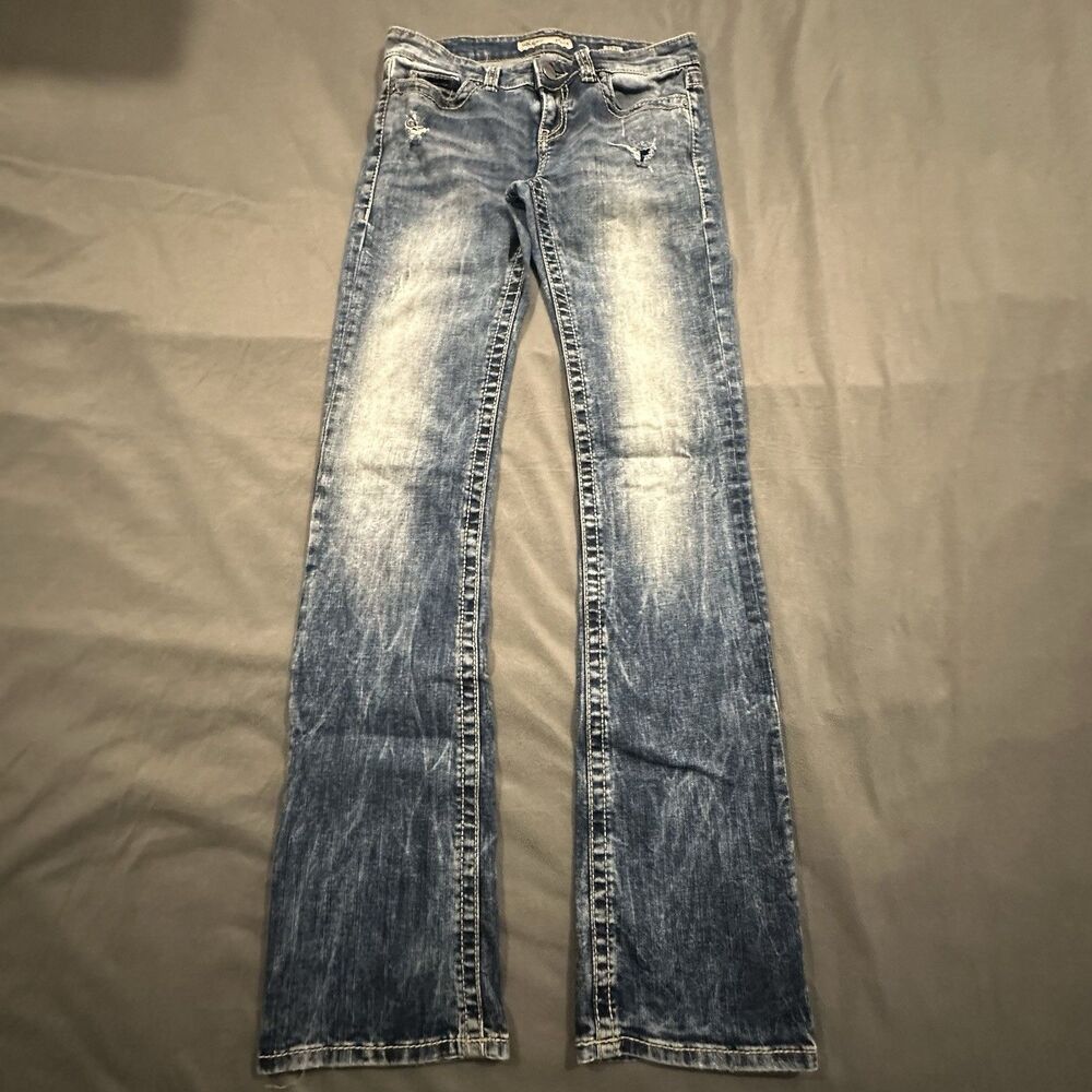 BKE Stella Jeans Womens 27 Low Rise Slim Boot Cut Faded Wash Blue (30x34.5)